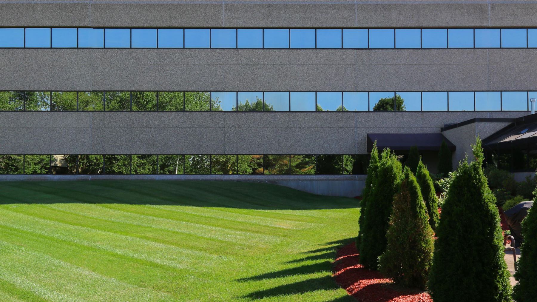 Full building facade with ribbon windows above a striped lawn and evergreen shrubs