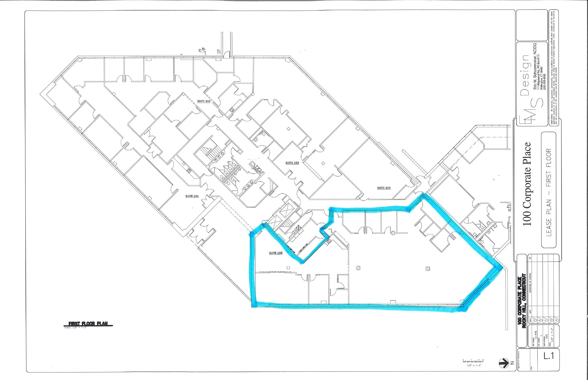 Floor plan preview, 100 Corporate Place 1st floor, with the available suite outlined