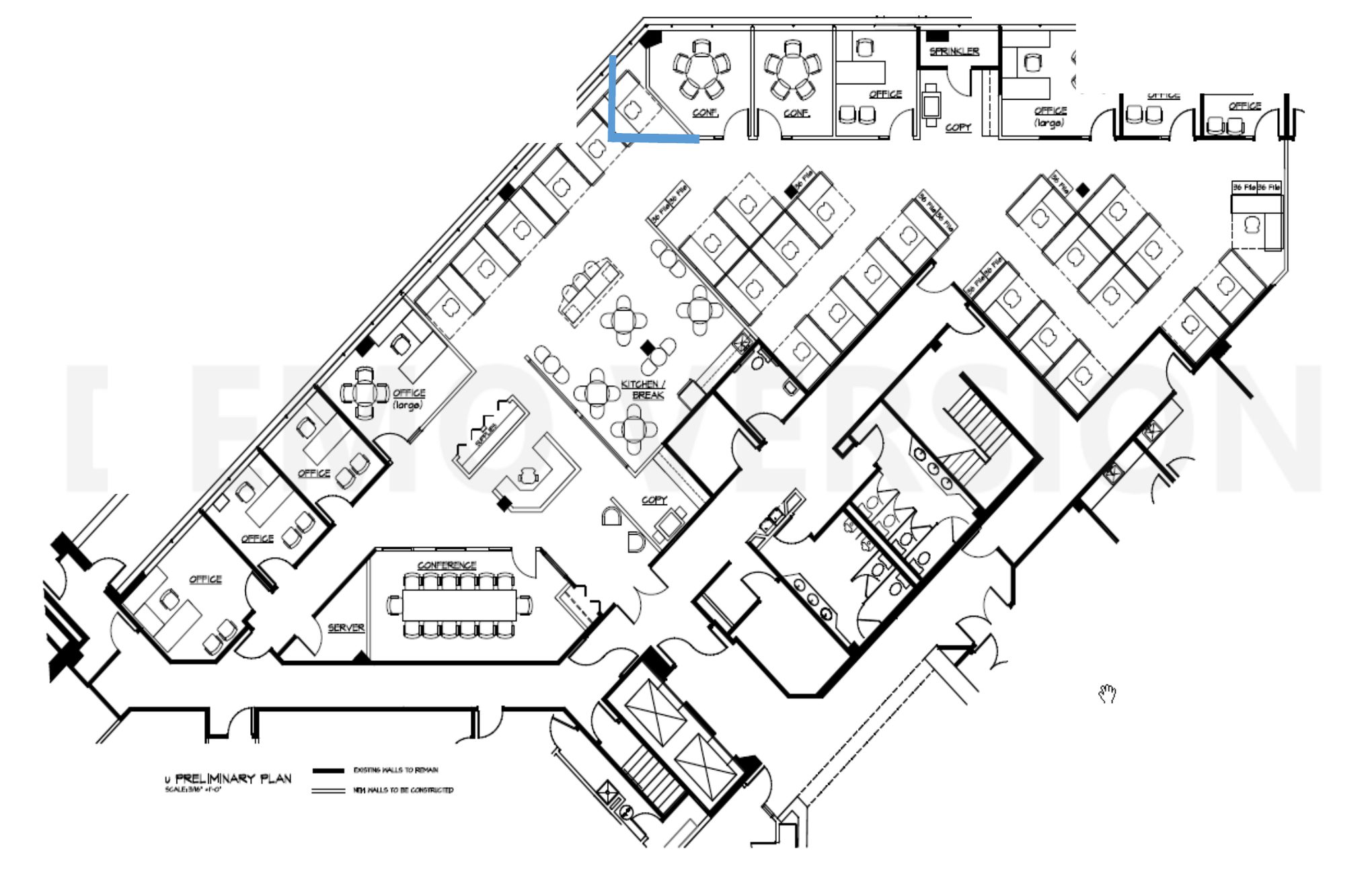 Floor plan preview, 200 Corporate Place 1st floor, with conference rooms, private offices, kitchen and open workstations